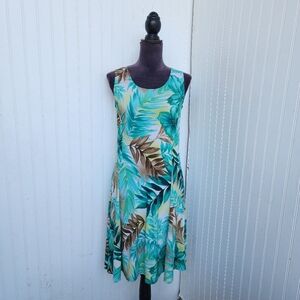 Susan Graver Tropical Palm Leaf Floral Sundress Women Green Brown Stretch XXS